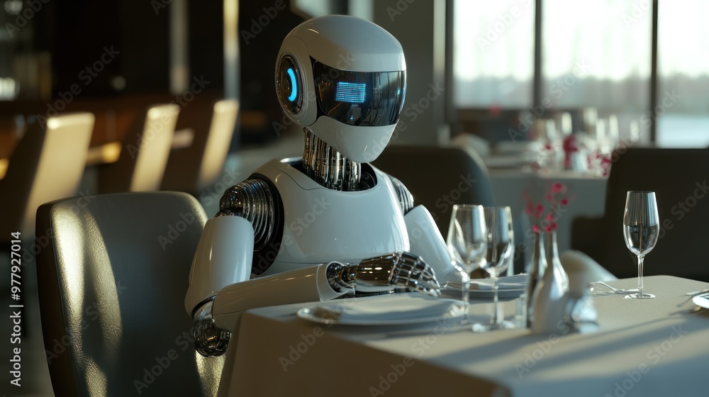 Canvas Prints A humanoid robot sits at a table set for dining in a restaurant.