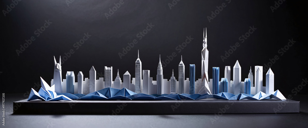 Wall mural Illustrative depiction of a cityscape or skyline made of paper and designed against a dark background