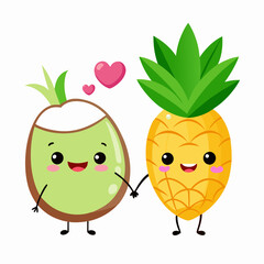 a kawaii-style pineapple and coconut slice holding hands. The pineapple has a spiky green top and a cute face,