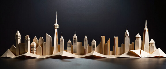 Illustrative depiction of a cityscape or skyline made of paper and designed against a dark background