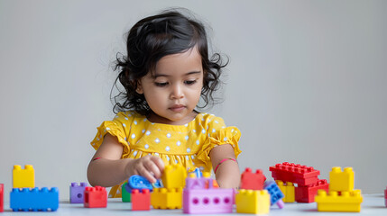 Adorable young desi girl using brightly colored building blocks against a white background