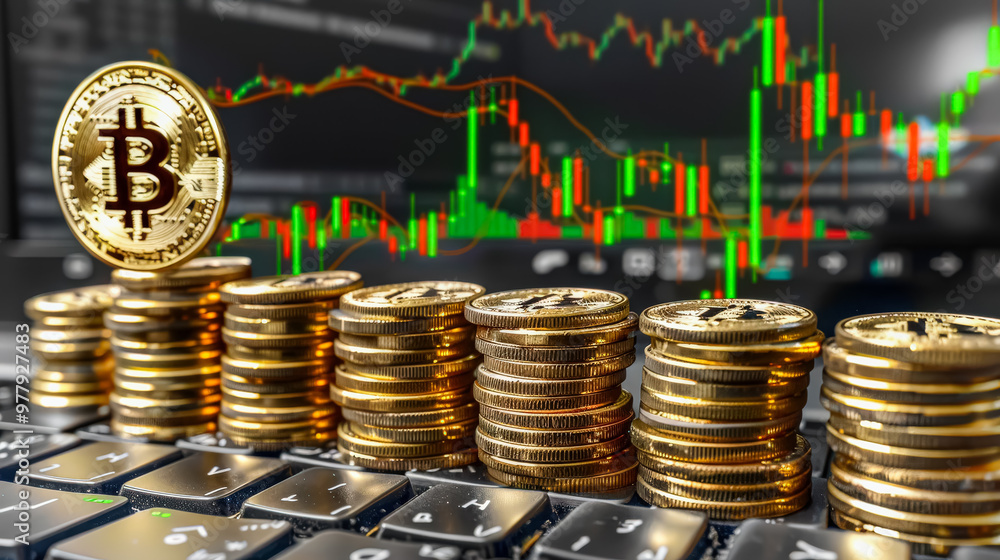 Poster a keyboard with a stack of gold coins on it and a bitcoin coin on top. concept of wealth and prosper