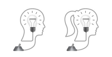 Businessman, businesswoman line art profile icon vector graphic with brain, head shape lightbulb. 3d human head set line art sign, to use for business, diversity, people profile illustration. 