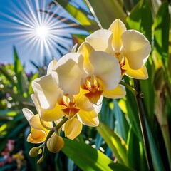 Obraz premium Bright yellow orchid growing on stem in bright sunlight