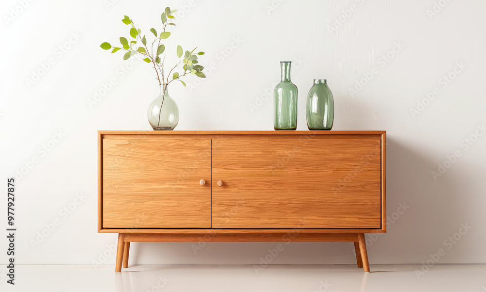 Wall mural a teak sideboard with a natural finish, styled with recycled glass vases and organic decor, represen