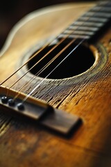 Fototapeta premium Close-up of an acoustic guitar highlighting the wooden texture and strings to depict the rustic and artistic appeal.