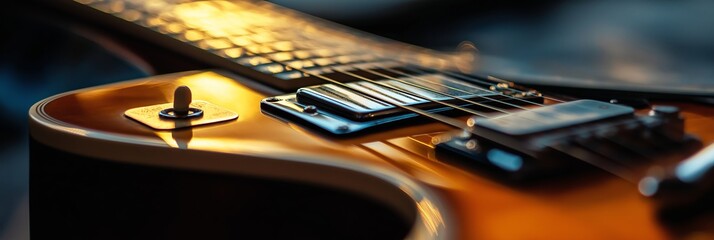Close-up of an electric guitar showing metallic strings and controls under warm, ambient lighting, highlighting texture.