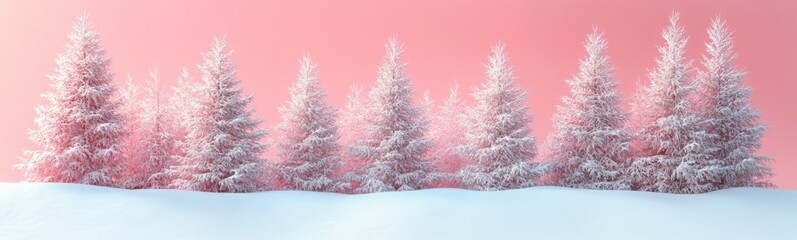 Fototapeta premium Snowy trees are covered in snow against a pink sky
