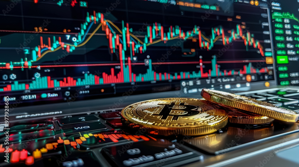 Poster a keyboard with a stack of gold coins on it and a bitcoin coin on top. concept of wealth and prosper