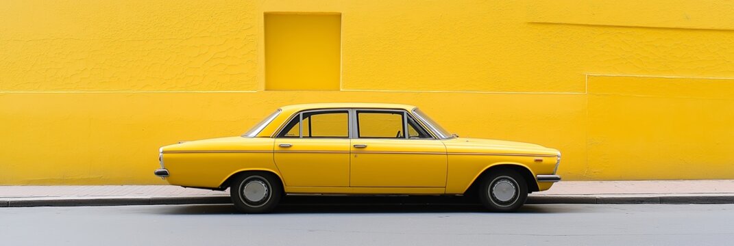 This image captures an old, yellow car parked in front of a simple yellow wall, highlighting simplicity and nostalgia. - Powered by Adobe