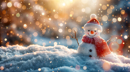 Charming snowman in a red hat and scarf standing against the background of a snowy landscape