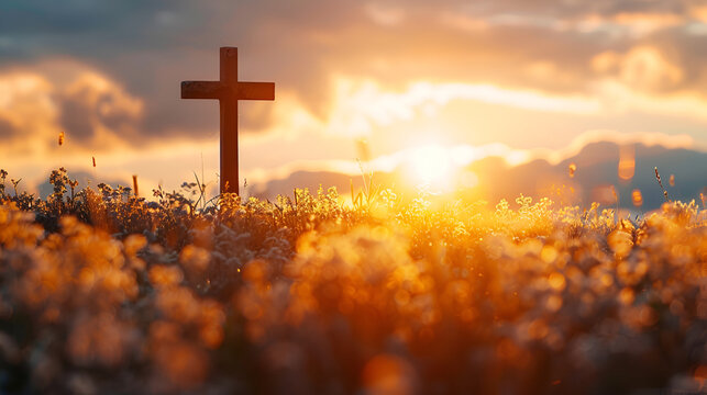 Easter Religious concept The cross on meadow autum 