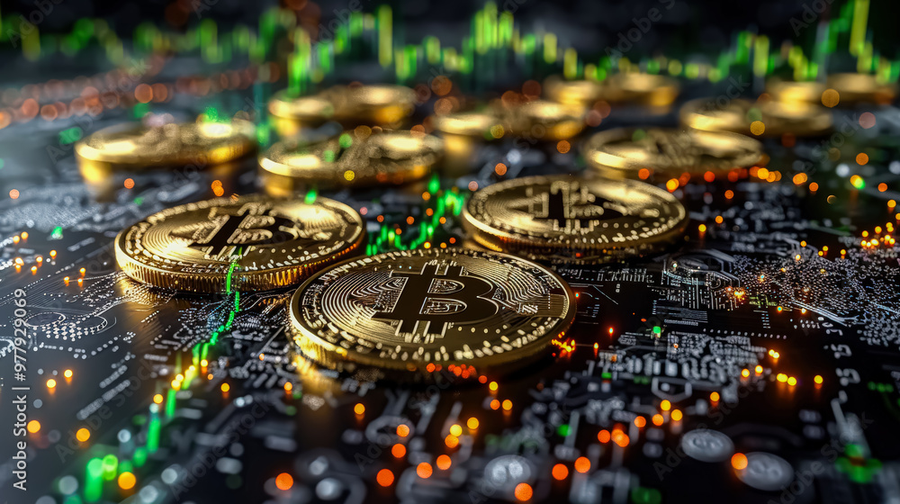 Poster a keyboard with a stack of gold coins on it and a bitcoin coin on top. concept of wealth and prosper