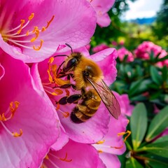 Honey bee on a rhododendron flower getting pollen from the bush and pink florals in Eugene Oregon.