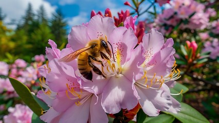 Honey bee on a rhododendron flower getting pollen from the bush and pink florals in Eugene Oregon.