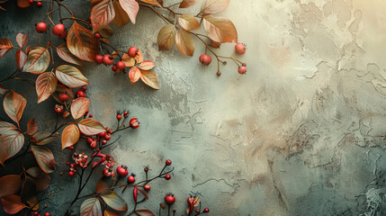 Autumn holiday frame from decorative pumpkins, dried foliage, berry, pinecones and acorns top view. vintage abstract background, orange leaf , merry christmas or thanksgiving cards or banners