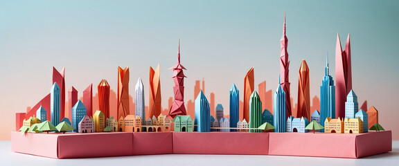 Illustrative depiction of a cityscape or skyline made of paper and designed against a bright background