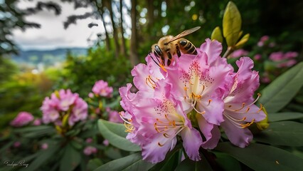 Honey bee on a rhododendron flower getting pollen from the bush and pink florals in Eugene Oregon.