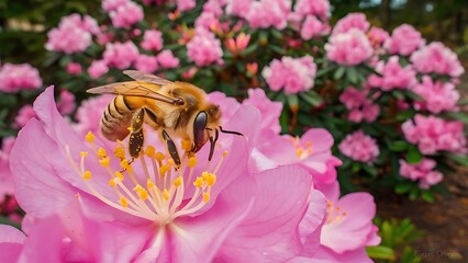 Honey bee on a rhododendron flower getting pollen from the bush and pink florals in Eugene Oregon.