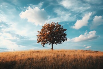 Single tree on a hill under a blue sky with white clouds. Concept of hope, nature, solitude, tranquility, peace