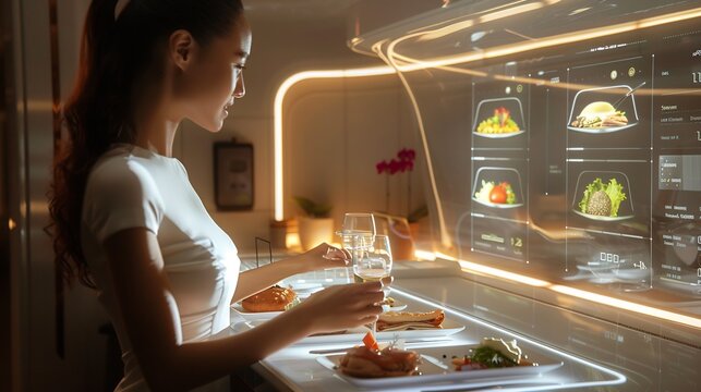 Futuristic food service offering table service through holographic menus virtual assistants guide guests through their dining journey providing realtime information and personalized recommendations