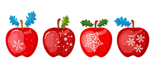 Cartoon Christmas apple, sweet red fruit with leaf, holiday decoration New Year with snowflake. Cute Xmas child collection isolated on white background. Winter vector illustration