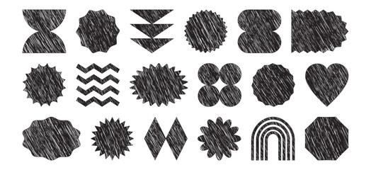 Scribble geometric shape figure, retro badge hand drawn, graphic groovy form paint, y2k element coal design, abstract trendy basic ink icon isolated on white background. Simple vector illustration