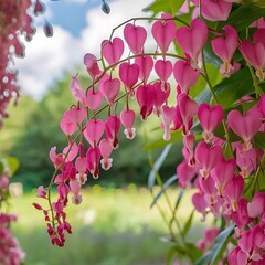 Pretty floral spray of pink bleeding heart vine outdoors with a soft focus background.