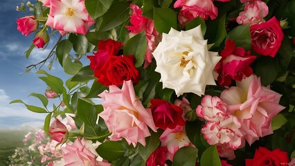 Spring backgroung flowering roses flowers and leaves