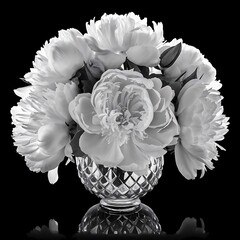 Arrangement of Peony blossoms in a cut glass vase reflecting off table and isolated against black