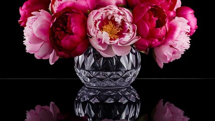 Arrangement of Peony blossoms in a cut glass vase reflecting off table and isolated against black