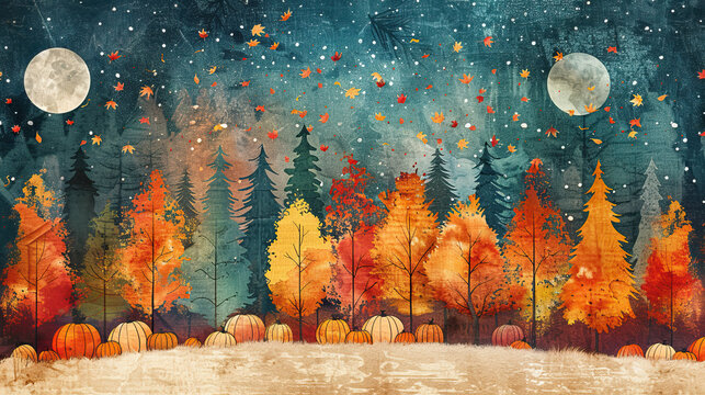 autumn trees orange and green in cold winter nights art, glowy stars and moon , snowfall , banner space for text ,can be used for invitation cards , thanks giving 