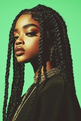 Stylish american afromerican girl  with dreds in sunglasses poses against a vibrant pink and purple background during a creative photoshoot in an urban setting black girl