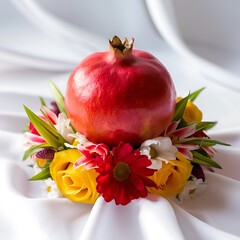 Red pomegranate and floral arrangement on white background