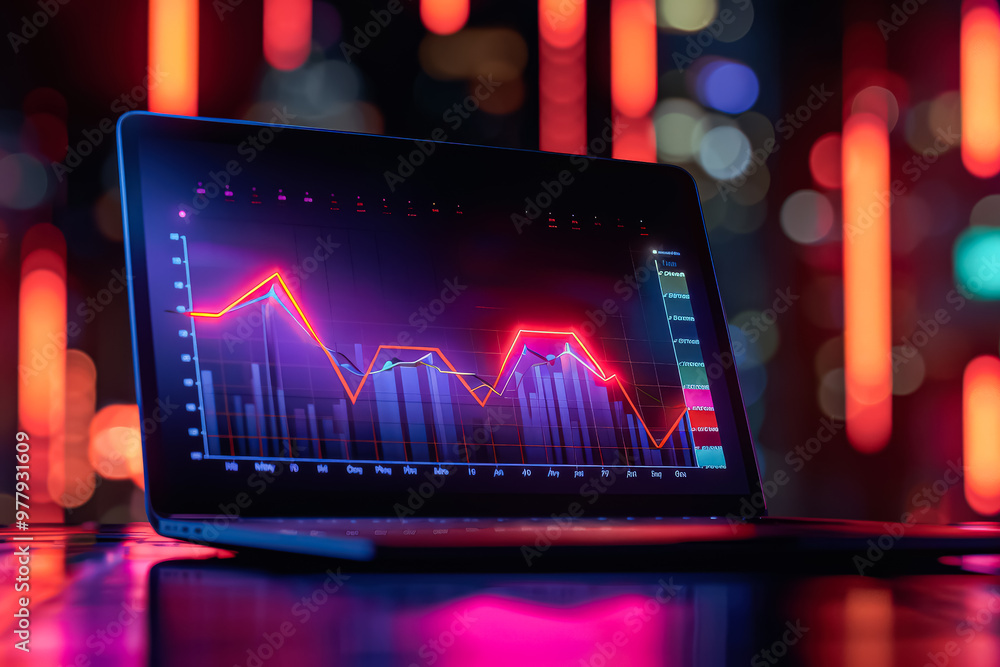 Poster a laptop screen shows a graph with red lines. the graph is showing a downward trend, which could ind
