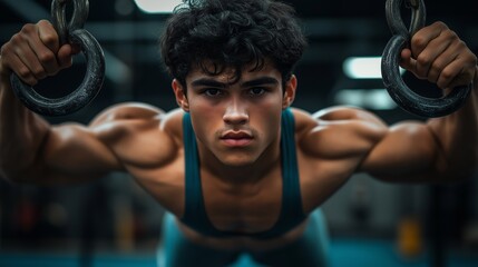 A male gymnast performs an iron cross on rings, showcasing muscular strength and focus in a blurred gym background