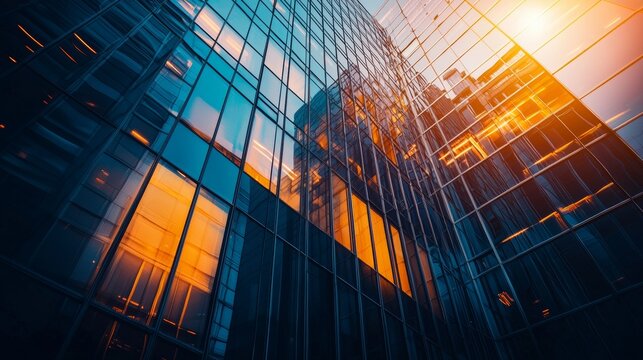 Modern glass building reflecting the city during sunset