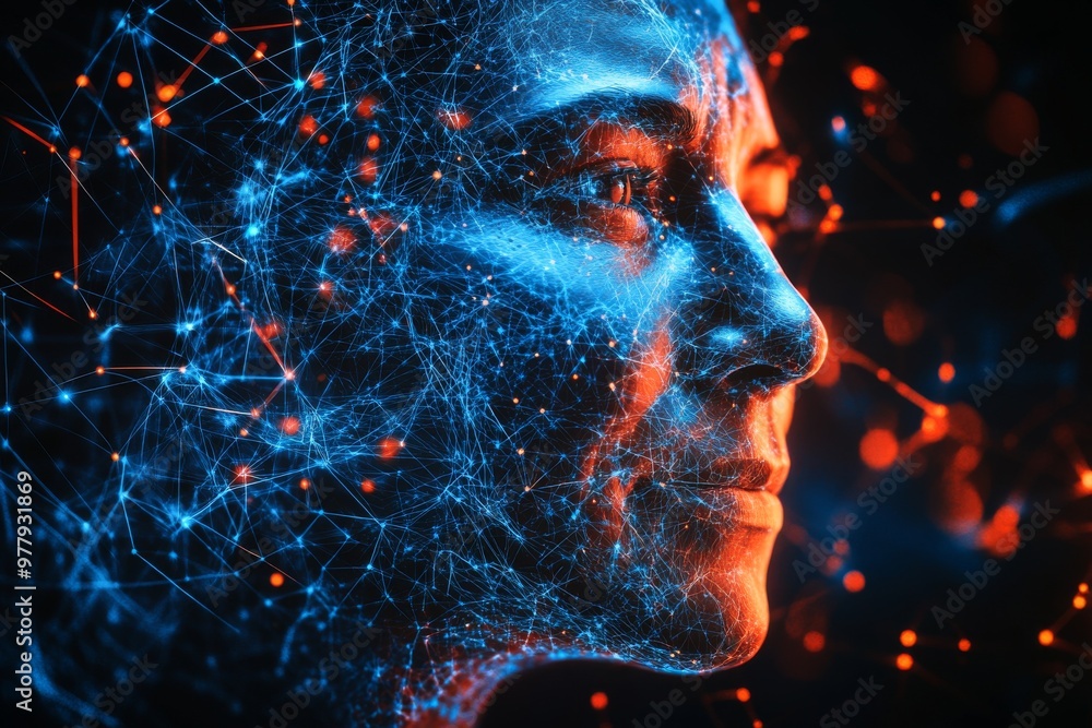 Poster man with glowing red neural elements on his face symbolizing intelligence cognitive power and techno