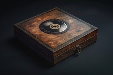 A wooden box with a vinyl record sitting on top, perfect for music enthusiasts and collectors