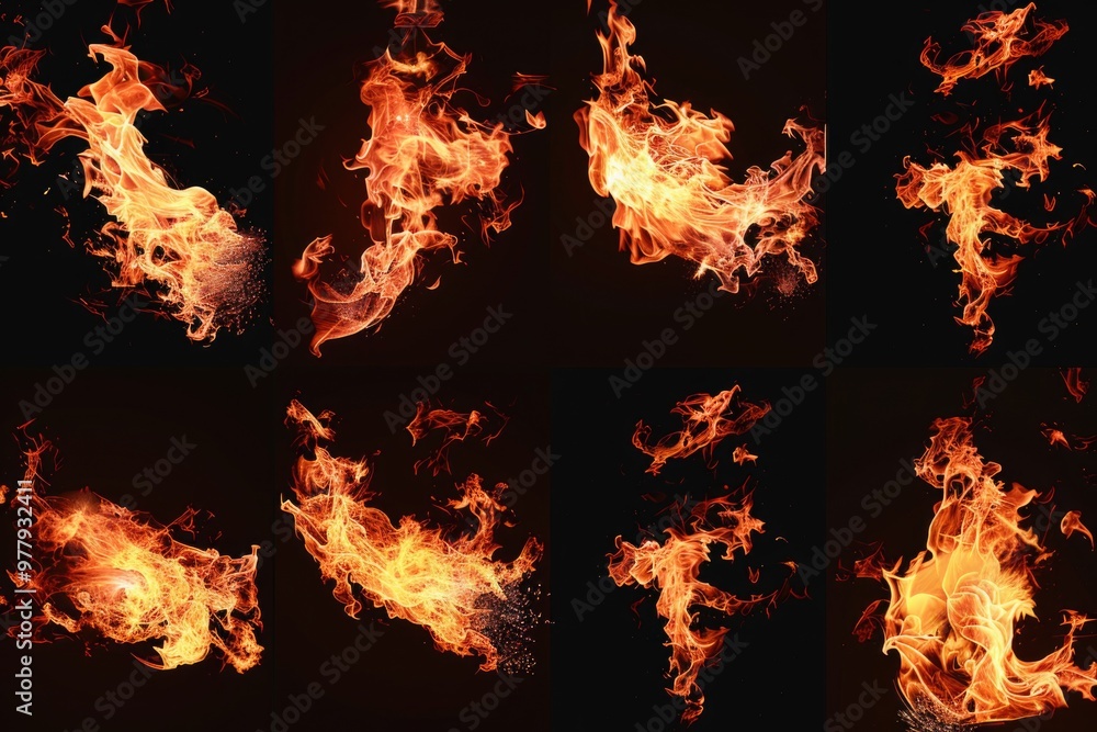 Poster a series of fire flames on a dark backdrop, ideal for use in presentations or designs requiring a dr
