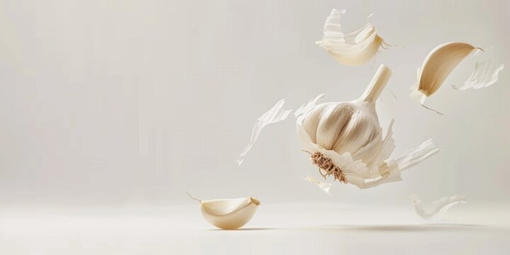A single clove of garlic being thrown into the air, frozen in mid-air