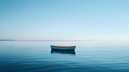 Naklejka premium Solitary motorboat on a glassy sea with a distant coastline and clear skies