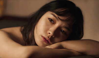Obraz premium Intimate Close-Up Portrait of a Thoughtful Woman Resting Her Head on Her Arms, Capturing Soft Facial Expressions and Delicate Lighting in a Quiet Moment