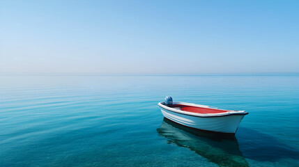Naklejka premium Solitary motorboat on a glassy sea with a distant coastline and clear skies