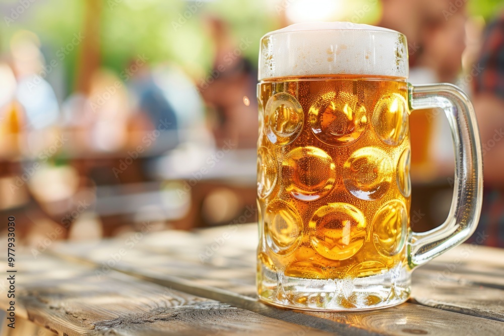 Wall mural A single glass of beer sits on top of a wooden table, ready for consumption