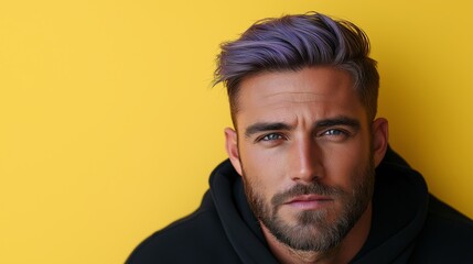 Fototapeta premium A mid-20s Caucasian man with pastel lavender hair styled in a quiff, wearing a black hoodie, confidently gazing into the camera against a light yellow background