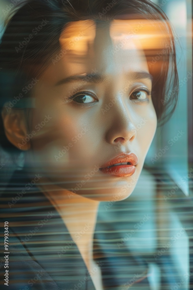Aufkleber a woman looks out a window with a blurry background, suitable for use in a scene about introspection