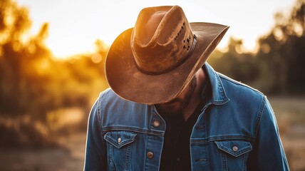 A cowboy in a weathered hat and denim jacket stands outdoors at sunset, evoking a classic Western atmosphere.