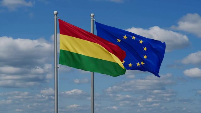 European Union and Bolivia flags flying together, video concept of the relationship