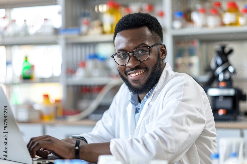 Poster scientist works on laptop in lab setting